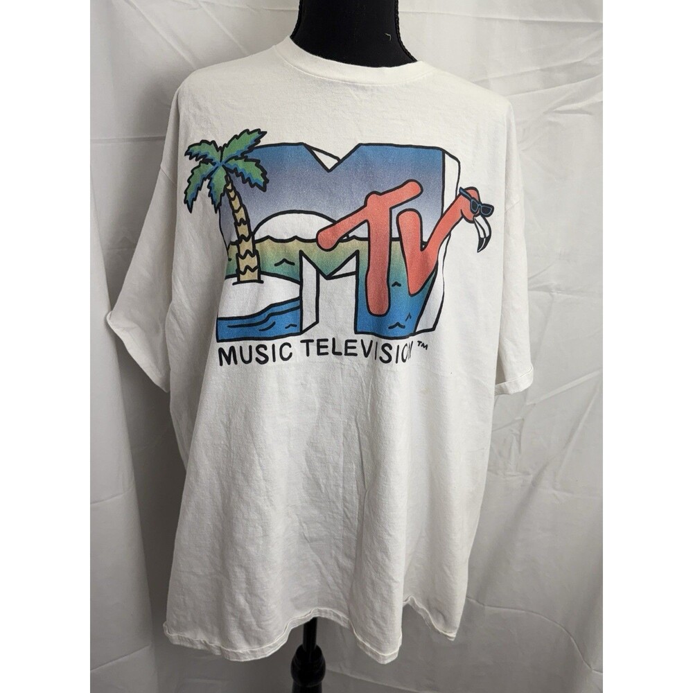 Retro 90’s MTV Music Television Beach Flamingo Palm Tree T-Shirt Viacom 2XL XXL